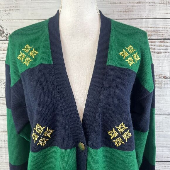 Vintage Koret Cardigan Sweater size Small Green Navy Wool Gold Embroidery Granny - Picture 4 of 11